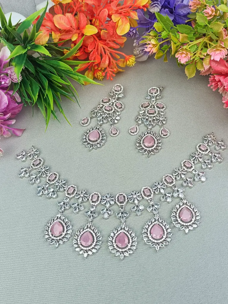 Pink Stone Silver Plated Necklace Set