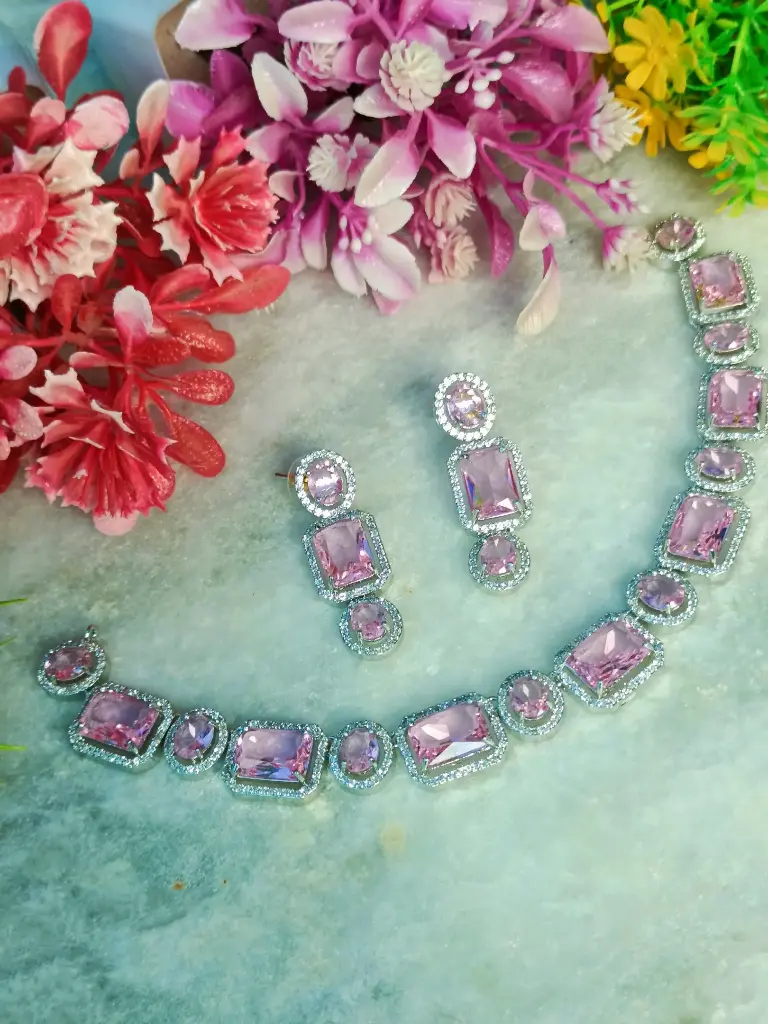 Pink Cubic Zirconia Necklace & Earrings Set