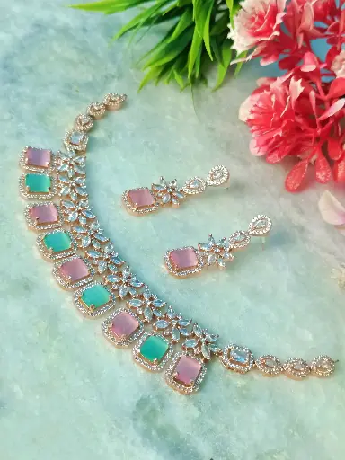 Rose Gold Plated Necklace Set With Pink and Sky Blue Stones